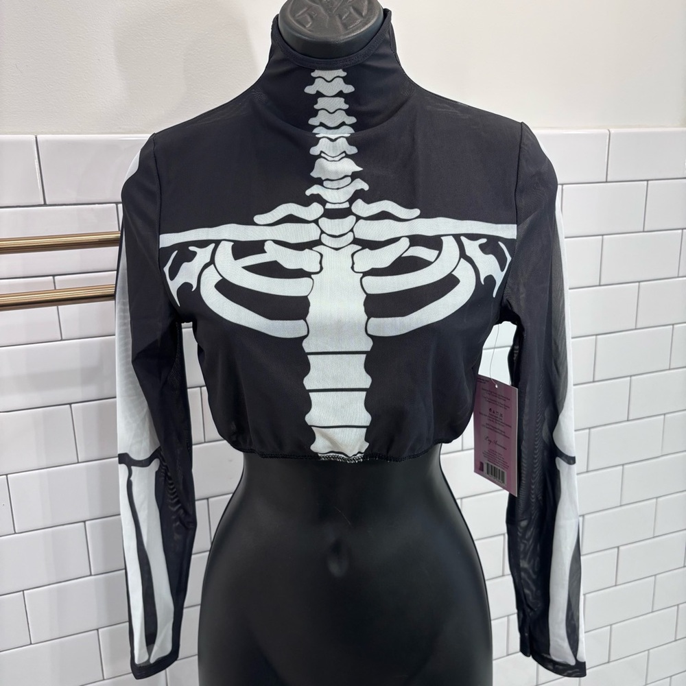 Skeleton Print Black Mesh Crop Top